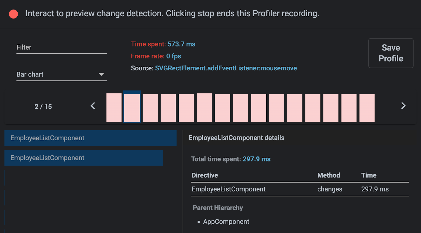 Visualização do profiler do Angular DevTools mostrando computação lenta