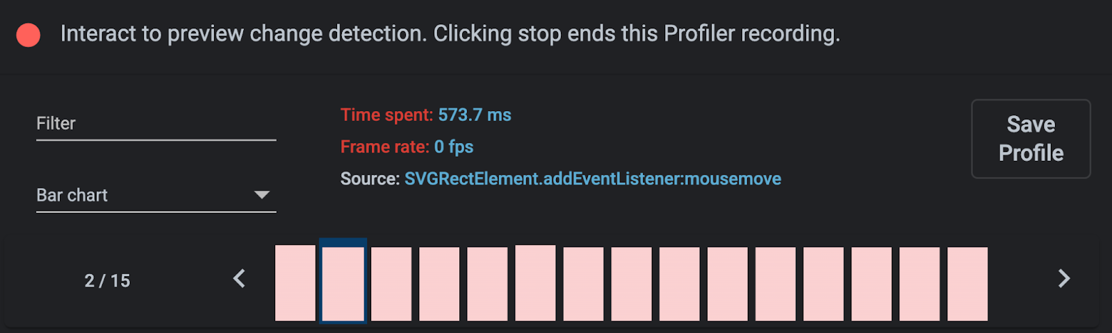 Visualização do profiler do Angular DevTools mostrando Zone pollution