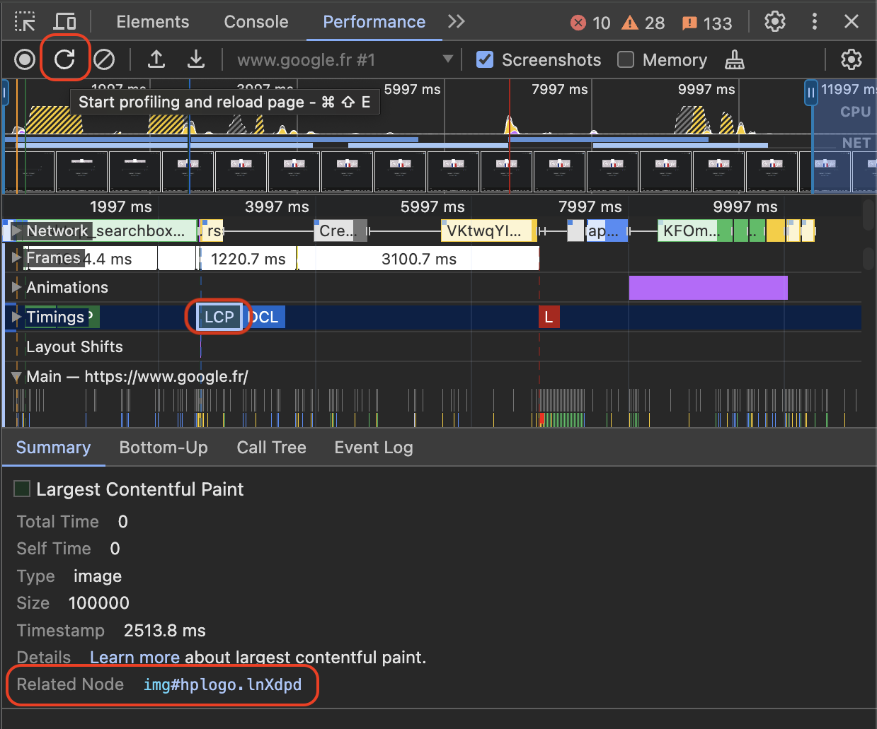 LCP no Chrome DevTools