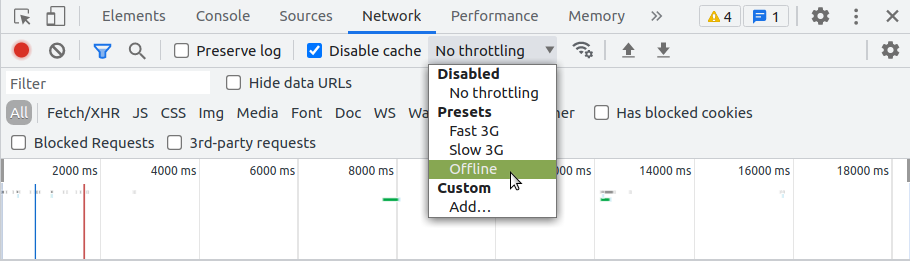 A opção offline na aba Network está selecionada