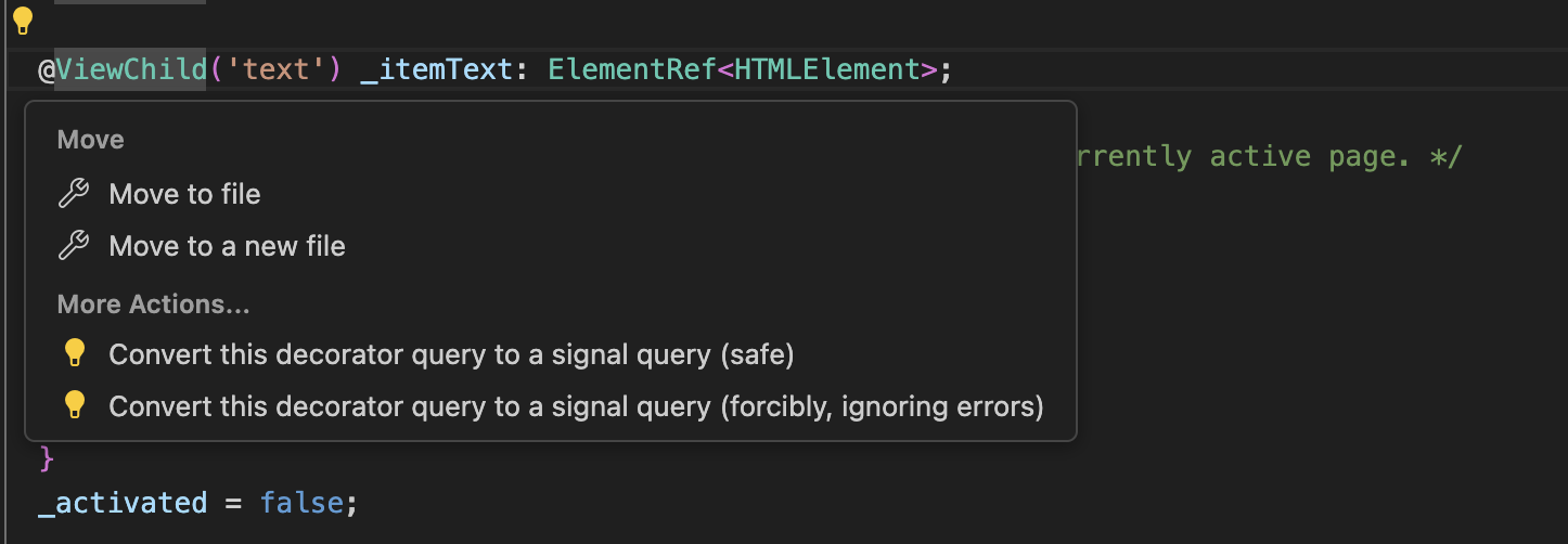 Screenshot da extensão do VSCode e clicando em um campo `@ViewChild`